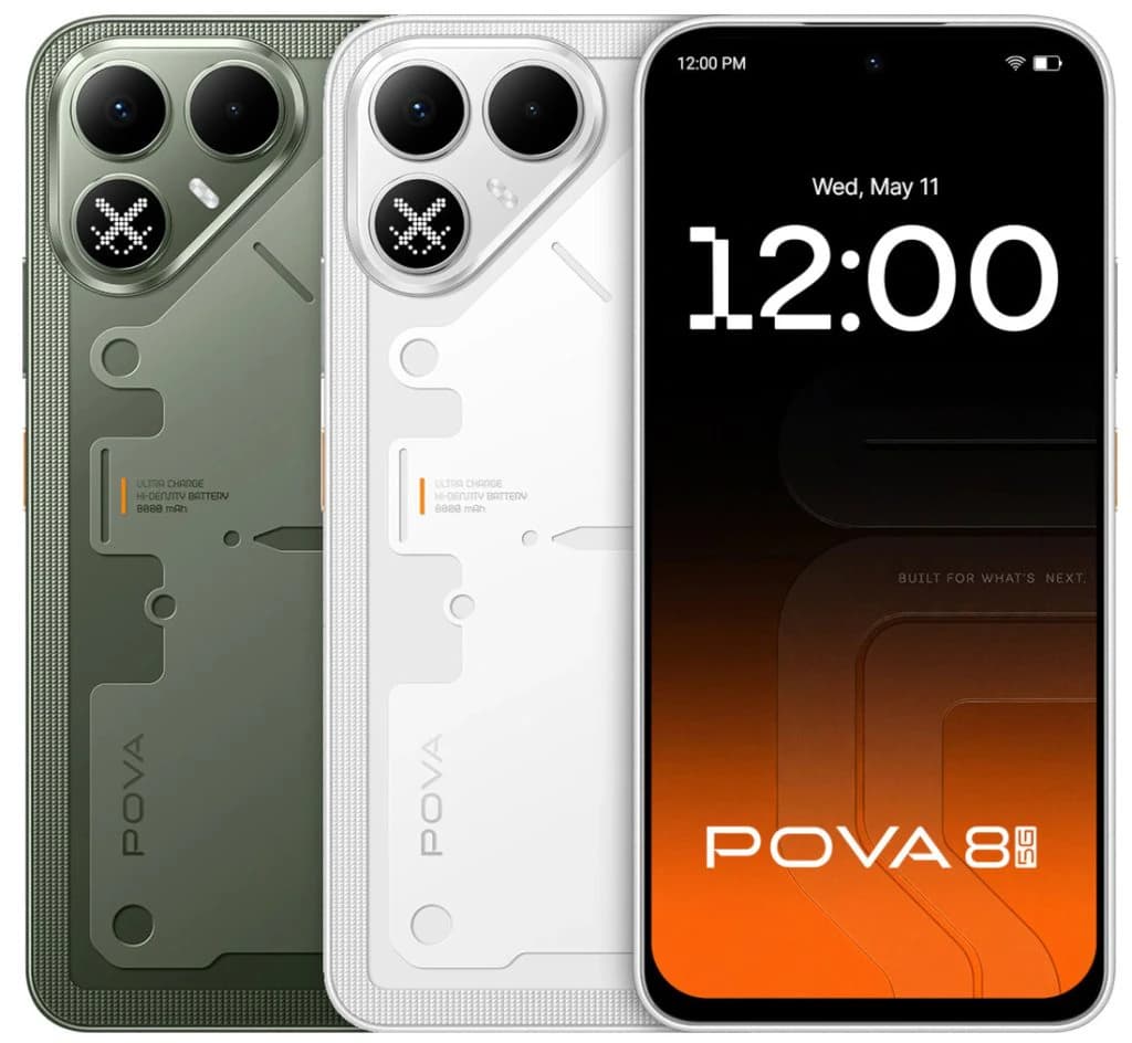 TECNO POVA 8 5G smartphone featuring a sleek design in two color variants: an olive green and a glossy white. The device showcases dual rear cameras with a unique lens design and a vibrant display showing the time and brand logo. The phone…