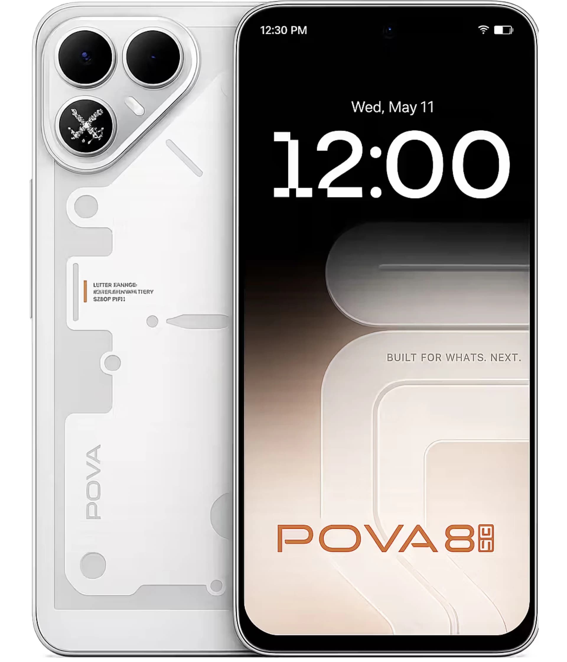 Tecno Pova 8 5G smartphone featuring a sleek white design with dual rear cameras, a vibrant display showing the time and date, and the POVA 8 branding. The device showcases a modern aesthetic with a minimalistic style.