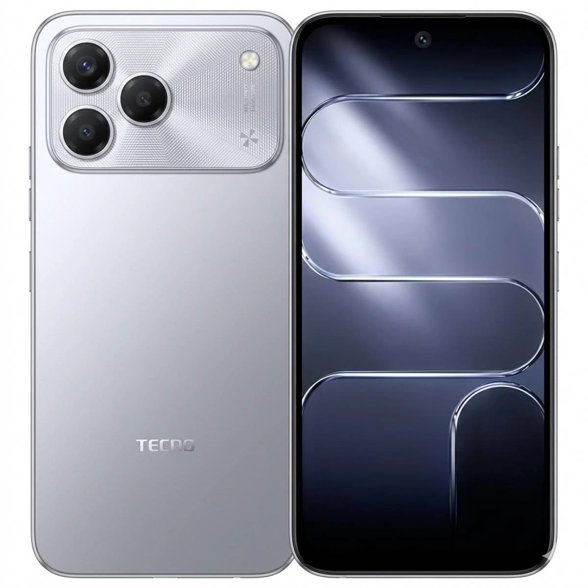 Tecno Spark 50 smartphone featuring a sleek silver design, triple rear camera setup, and a modern display with curved edges. The device showcases a glossy finish and the Tecno logo on the back.