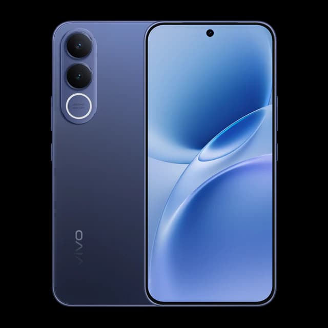 Vivo V70 FE smartphone in sleek blue color featuring a dual-camera setup with a 50MP main lens and a 2MP depth sensor. The front display showcases a vibrant, edge-to-edge screen with a central punch-hole camera, ideal for photography enthusiasts.