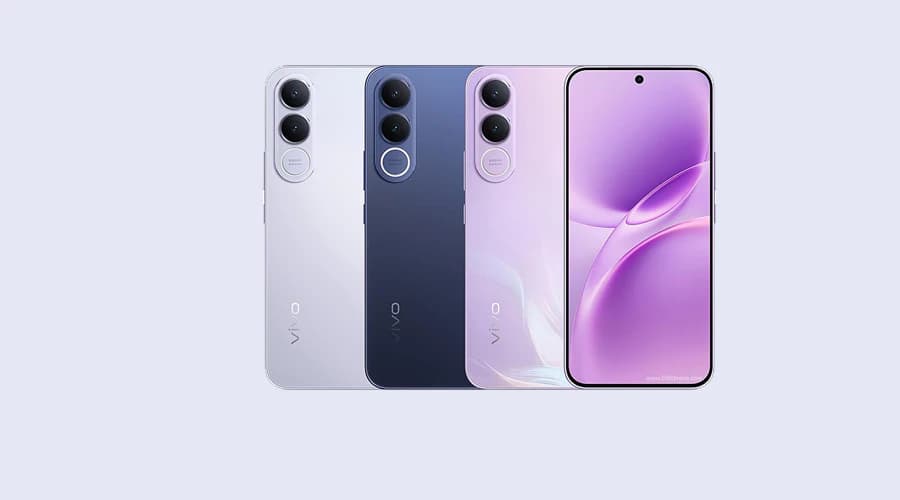 Vivo V70 FE smartphone in three color variants: silver, navy blue, and lavender. Each phone features a sleek design with dual rear cameras and a vibrant display. The front view showcases the stunning screen with a central camera cutout.