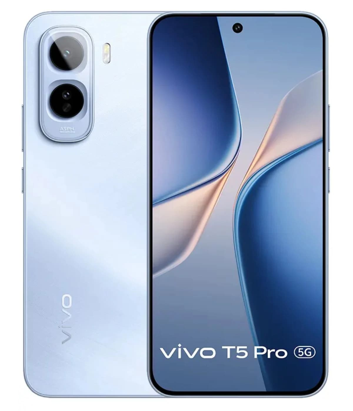 Vivo T5 Pro smartphone in a sleek light blue finish, featuring a dual-camera setup on the back and a vibrant display showcasing the Vivo T5 Pro 5G branding. The design is modern with smooth edges and a minimalist aesthetic.