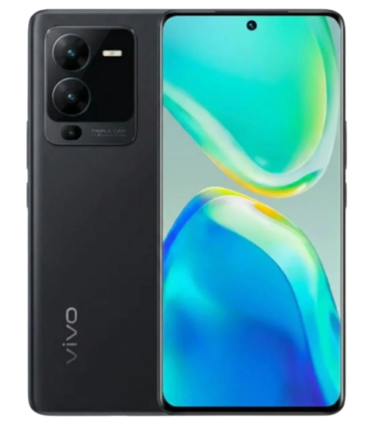Vivo V26 Pro smartphone in sleek black design featuring a vibrant display with a triple camera setup on the back. The phone showcases a modern aesthetic with rounded edges and a high-resolution screen, ideal for photography and multimedia.