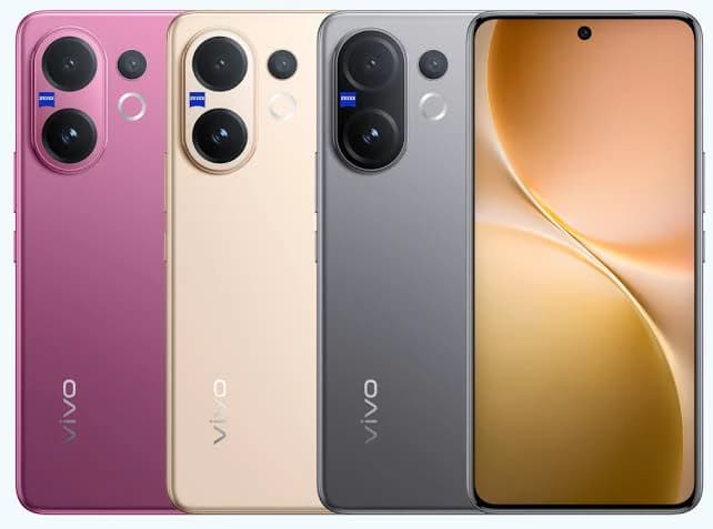 Vivo V60 smartphone in three colors: pink, gold, and gray. Features dual rear cameras and a sleek design with a vibrant display. Ideal for photography and everyday use.