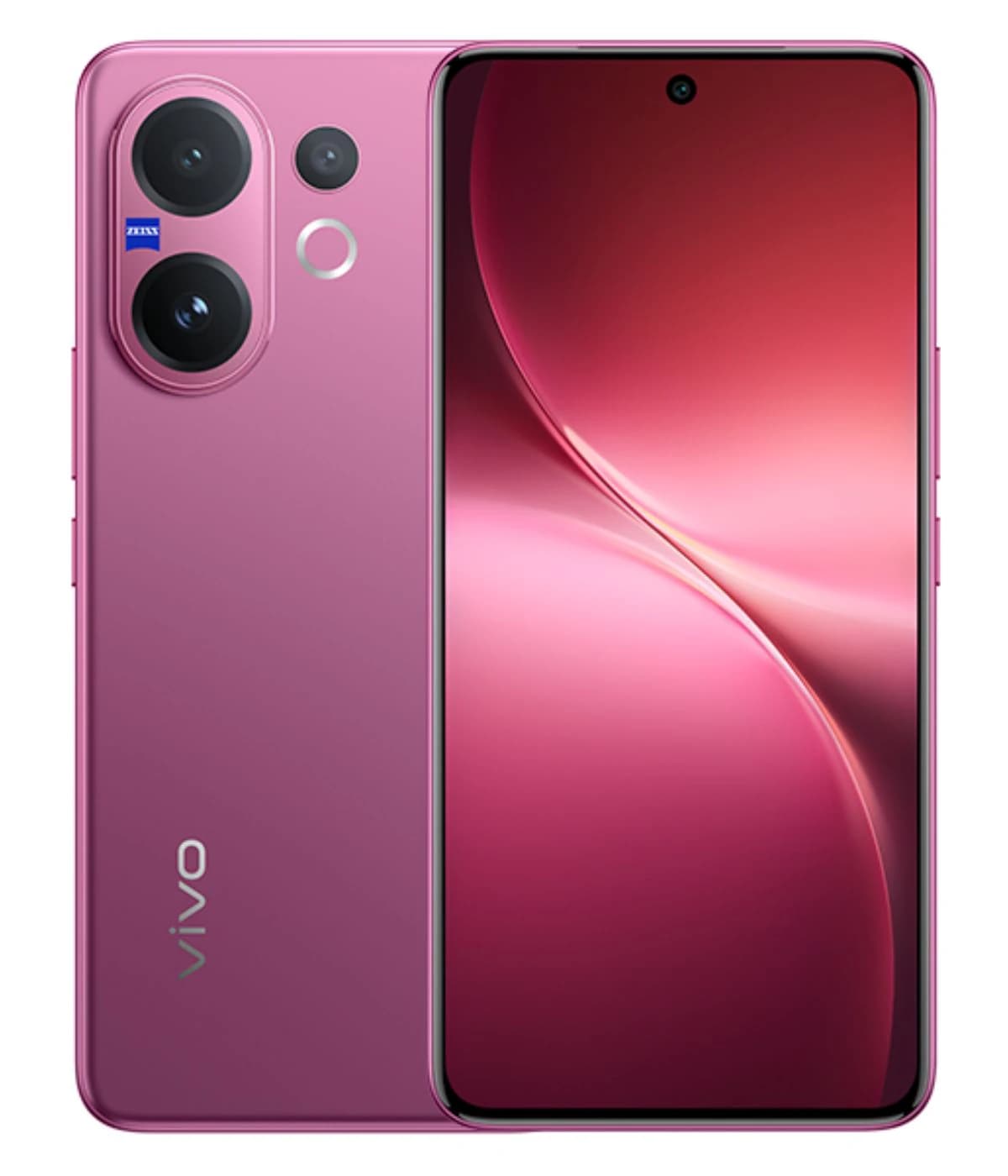 Vivo V60 smartphone in a stunning pink color featuring a sleek design, dual rear cameras with Zeiss optics, and a vibrant display. The device showcases a modern aesthetic with a smooth finish and minimal bezels.