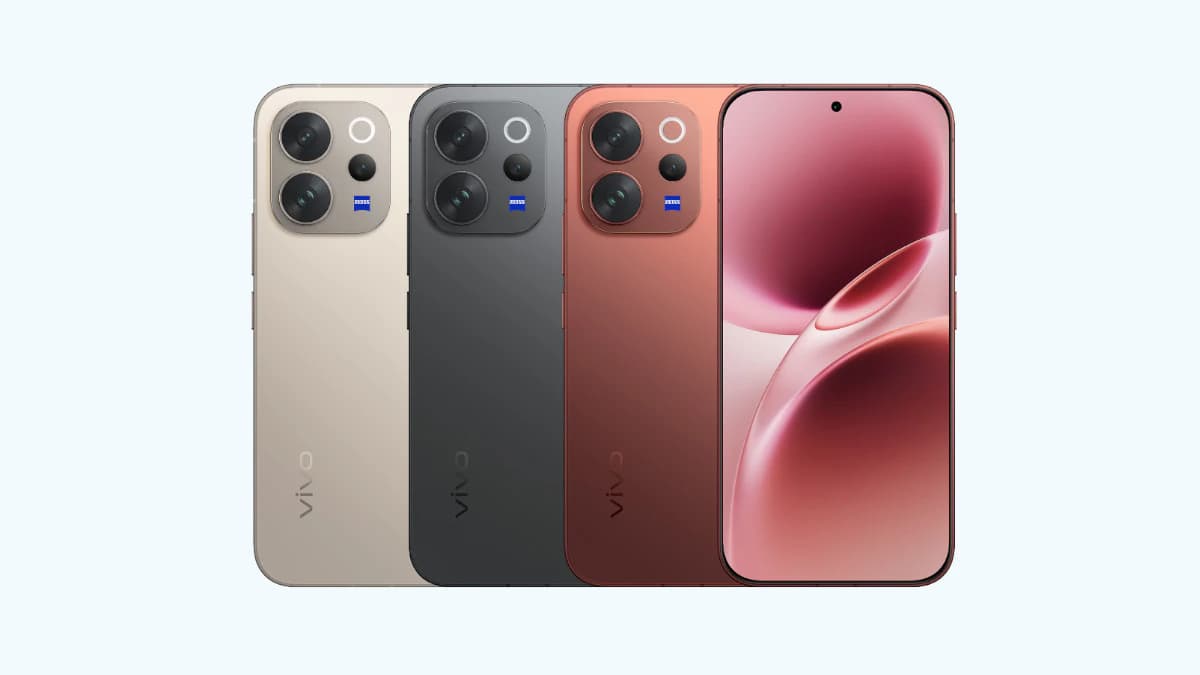 Vivo V70 Elite smartphone in four colors: champagne gold, matte black, and a striking copper red. Features a sleek design with a premium finish, showcasing a vibrant display and advanced camera system. Perfect for tech enthusiasts.