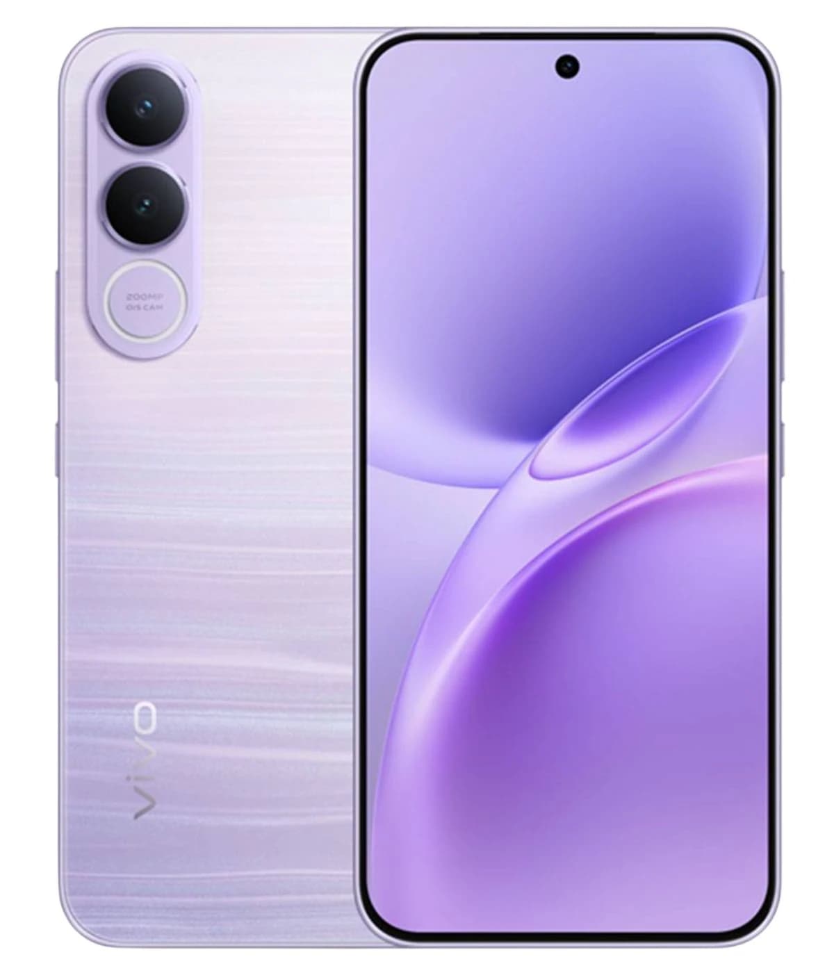 Vivo V70 FE smartphone in a stunning lavender color featuring a sleek design, dual 200MP camera setup, and a vibrant display. The device showcases a smooth finish with a modern aesthetic, perfect for tech enthusiasts.