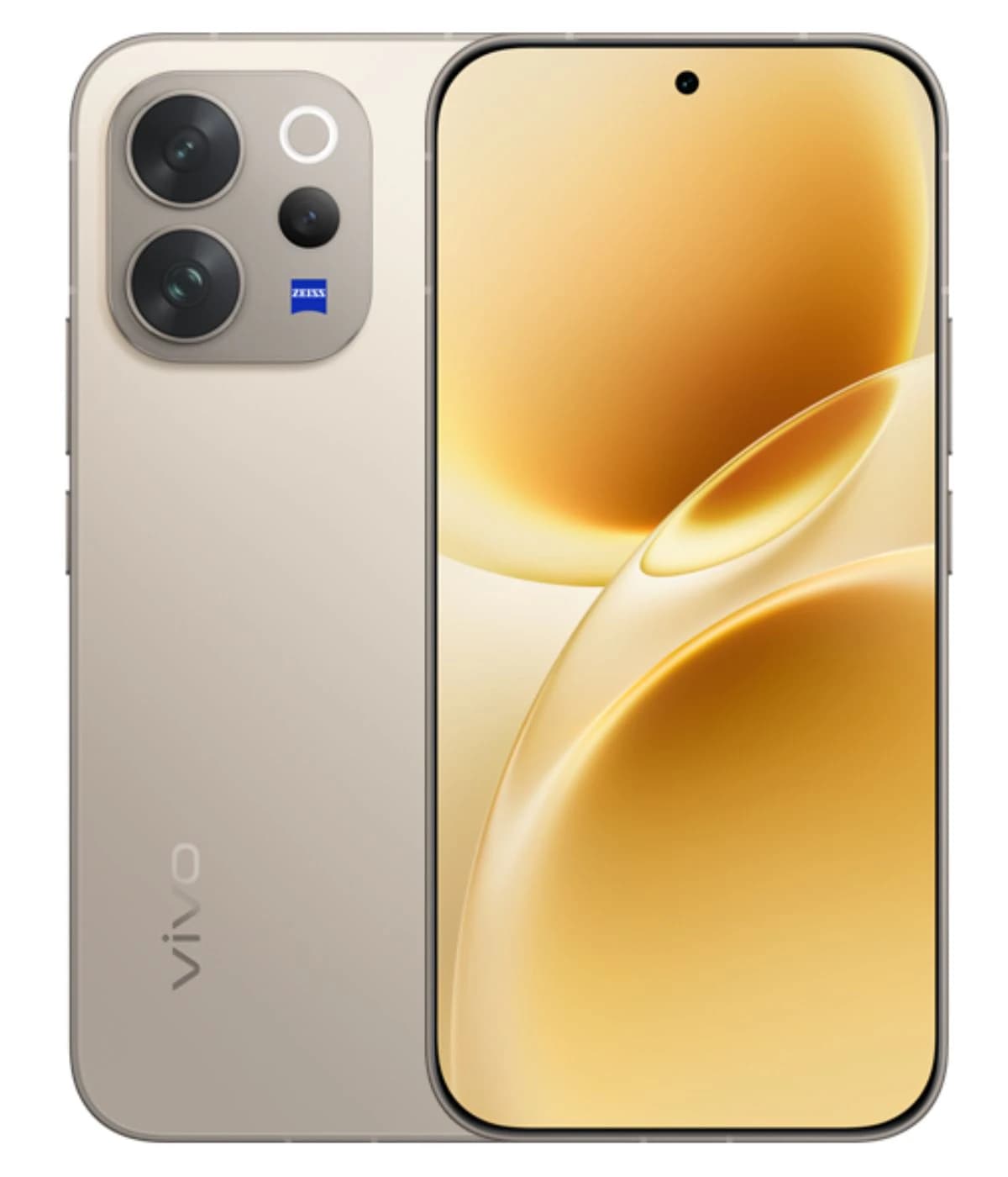 Vivo V70 Lite smartphone in elegant gold color featuring a sleek design, dual rear cameras with ZEISS optics, and a vibrant display showcasing smooth curves. The device is presented against a plain background for clarity.