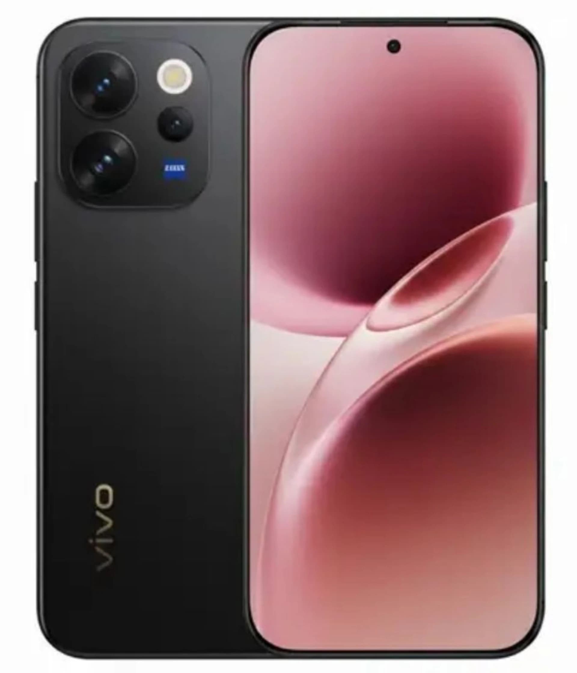 Vivo V70 smartphone in sleek black design featuring a vibrant display with a pink gradient background. The device showcases a triple-camera setup with ZEISS optics, emphasizing modern technology and style.