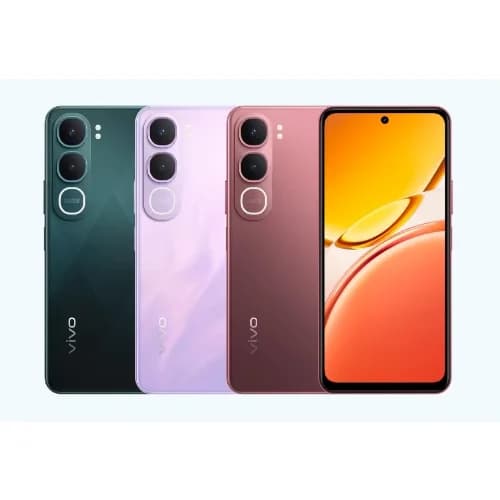 Vivo Y21d smartphone in three colors: dark green, lavender, and rose gold. Features dual rear cameras, sleek design, and a vibrant display. Ideal for photography and everyday use.