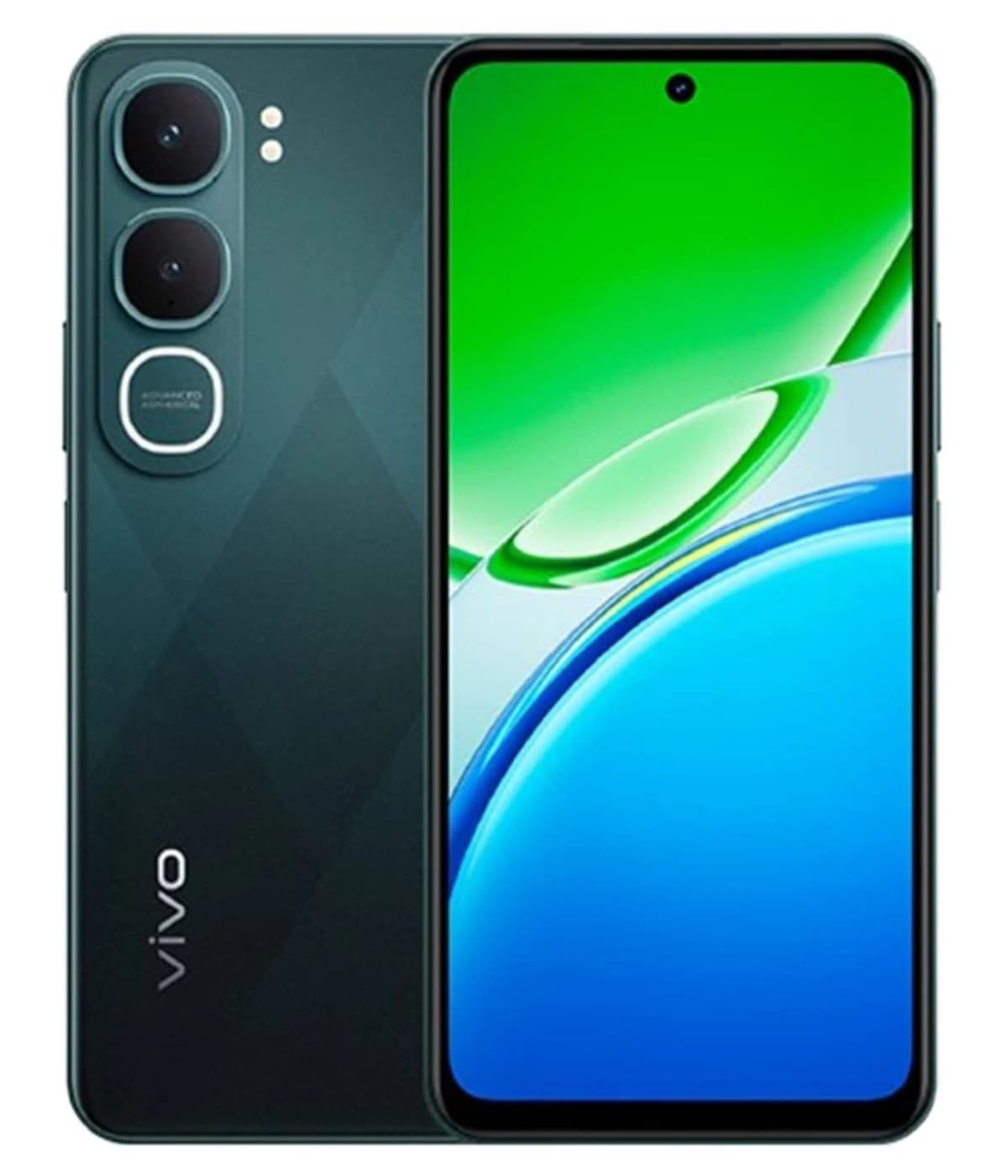 Vivo Y21d smartphone in dark green color featuring a sleek design, dual rear cameras, and a vibrant display with a green and blue gradient background. The device showcases a modern aesthetic with a glass front and back.