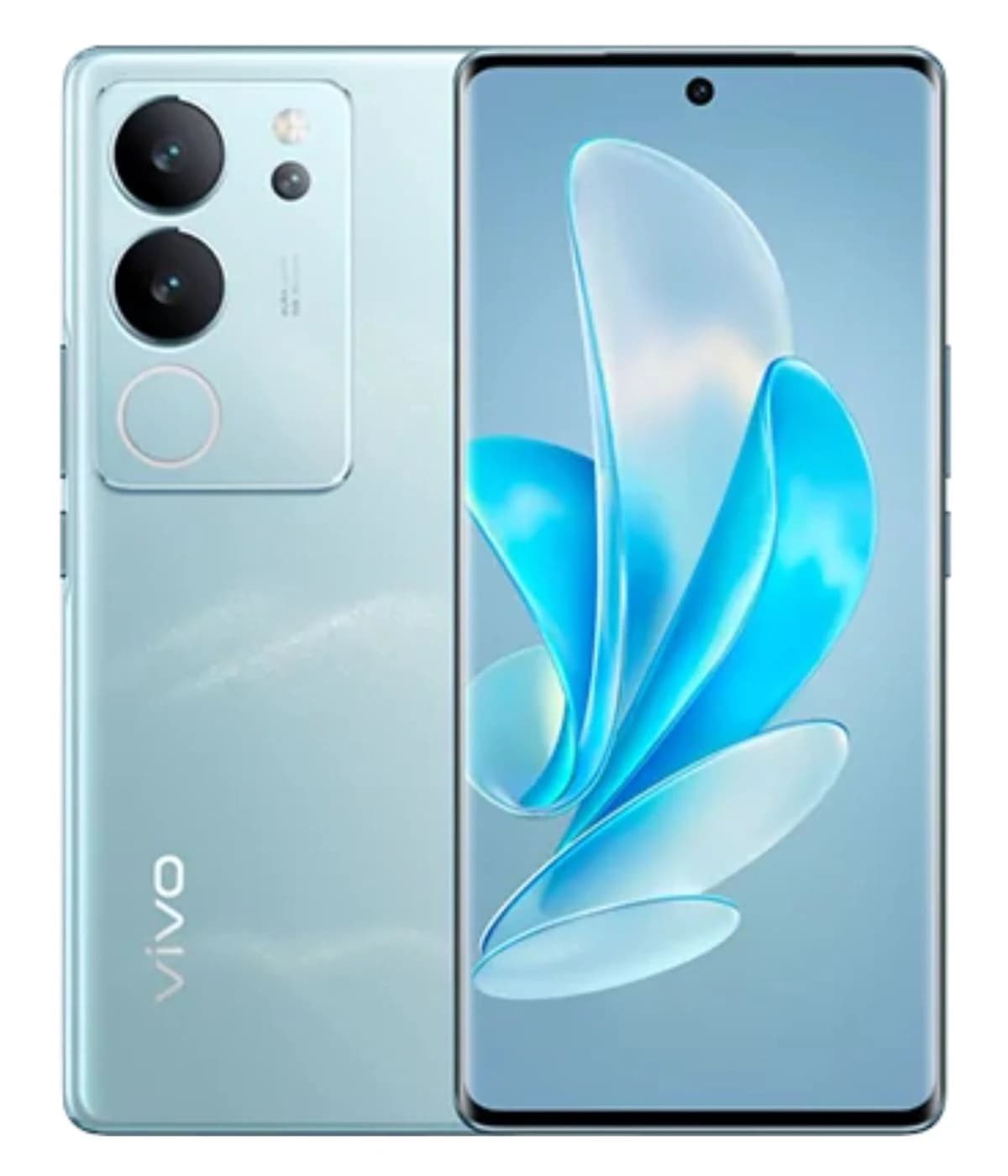 Vivo Y29 smartphone in a sleek light blue color featuring a dual-camera setup on the back and a vibrant display on the front. The device showcases a modern design with rounded edges and a glossy finish, ideal for tech enthusiasts.