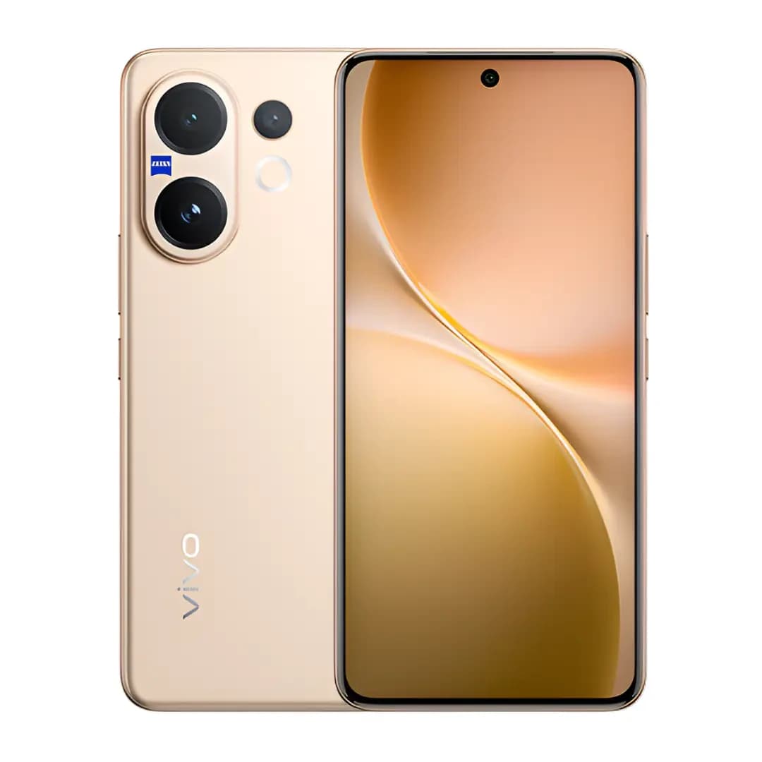 Vivo V60 smartphone featuring 256GB storage and 12GB RAM in a sleek gold finish. The device showcases a vibrant display with minimal bezels and dual rear cameras, set against a plain background.