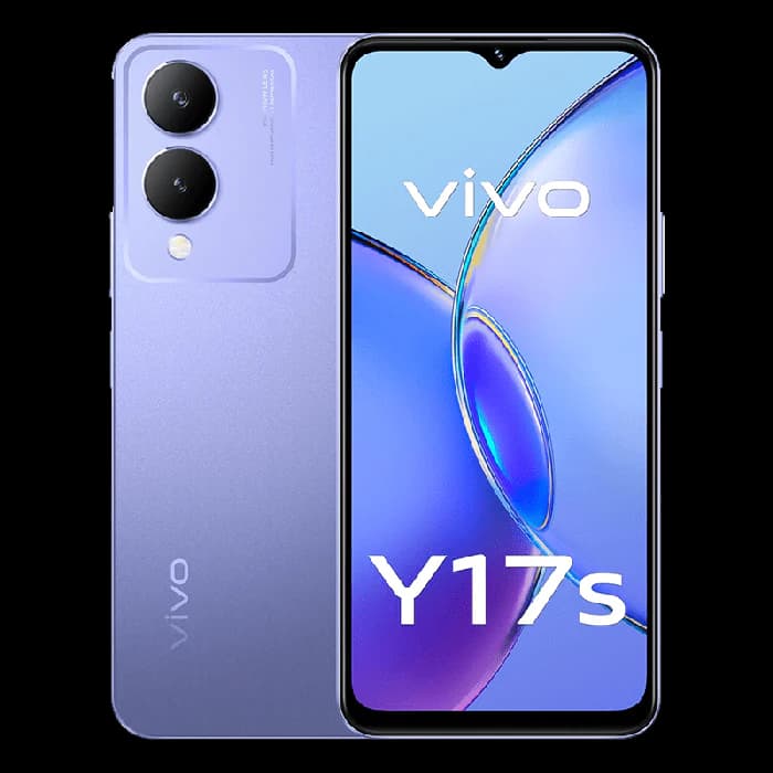 Vivo Y17s smartphone in Glitter Purple color featuring a sleek design, dual rear cameras, and a vibrant display. The device has 128GB storage and 6GB RAM, ideal for multitasking and entertainment.