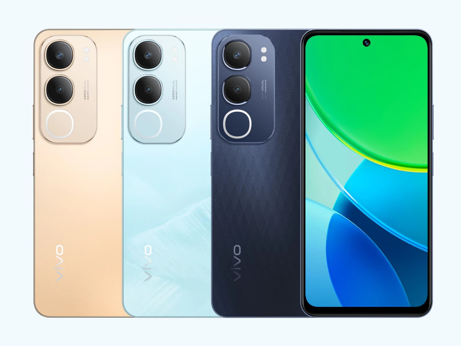 Vivo Y295G smartphone lineup featuring three color variants: gold, light blue, and navy blue. Each phone showcases a dual-camera setup and sleek design with the Vivo logo prominently displayed.