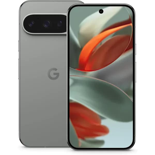 Google Pixel 7 Pro smartphone in Obsidian color, featuring a sleek design with a vibrant display showcasing abstract floral patterns. The back displays a triple camera setup with a glossy finish.