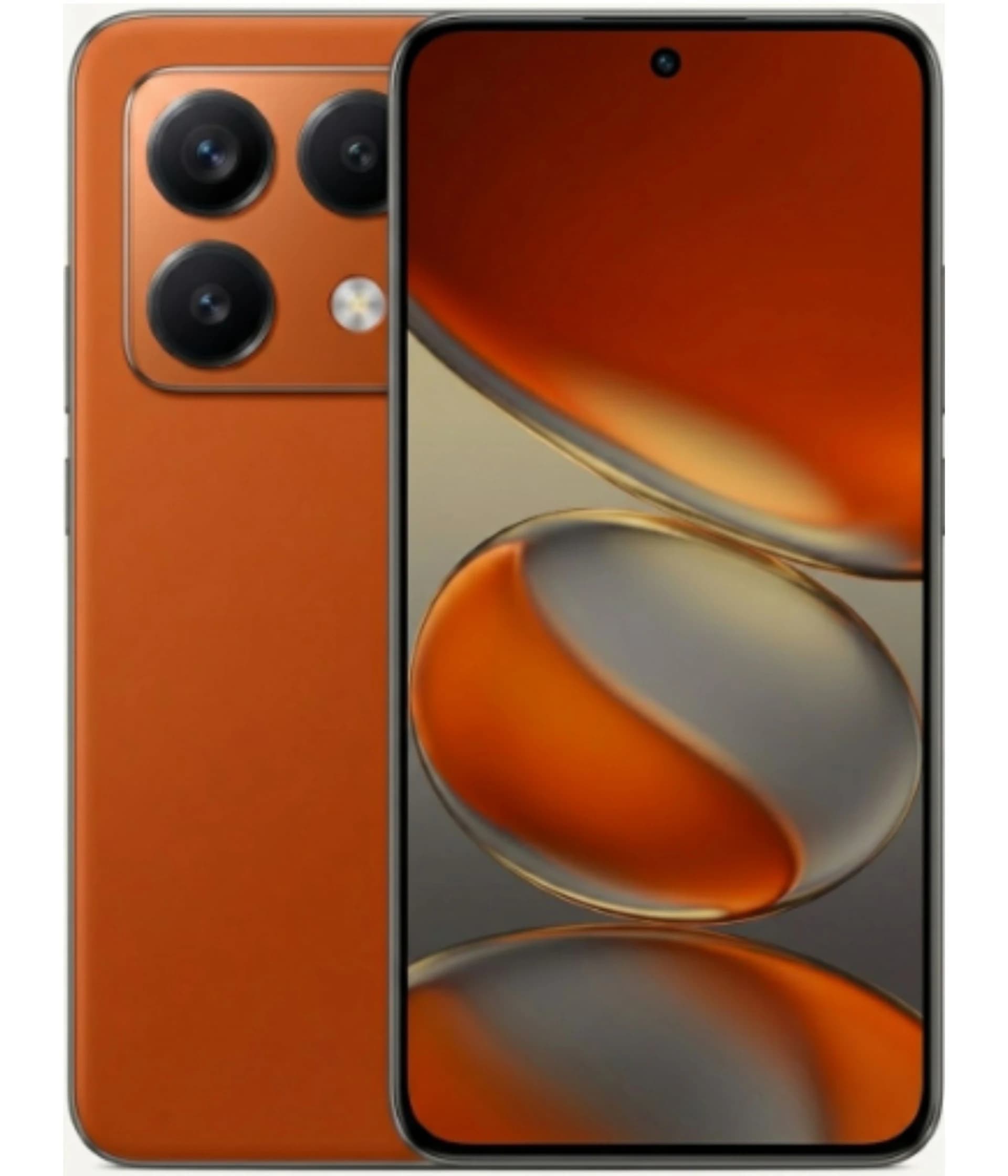 Xiaomi Redmi Note smartphone in vibrant orange color featuring a sleek design, triple rear camera setup, and a large display showcasing a stunning abstract wallpaper. Ideal for tech enthusiasts and style-conscious users.