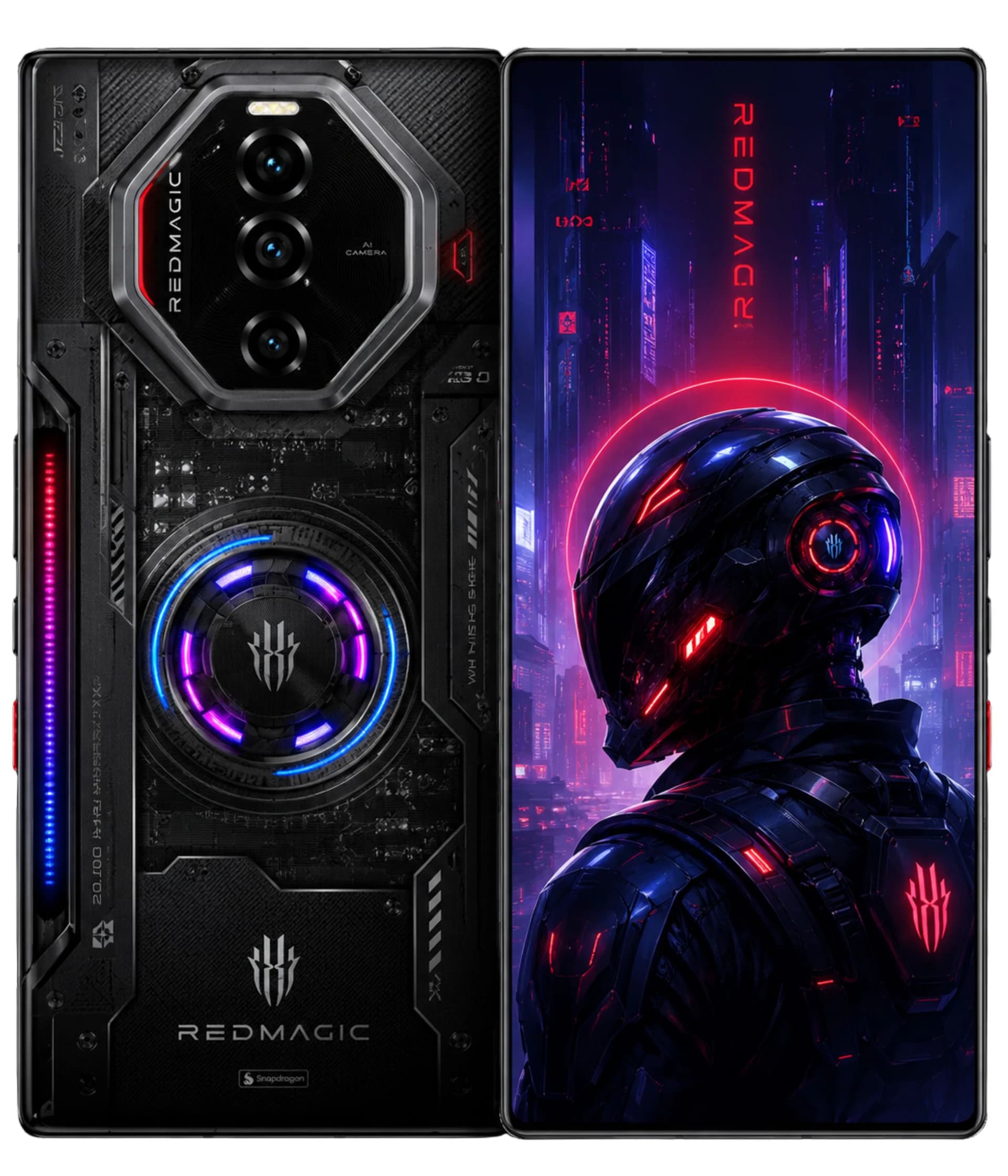 ZTE Nubia RedMagic 11 Pro smartphone featuring a sleek black design with RGB lighting accents, triple AI camera setup, and a futuristic gaming aesthetic. The device showcases a vibrant display with a sci-fi themed background, emphasizing its gaming…
