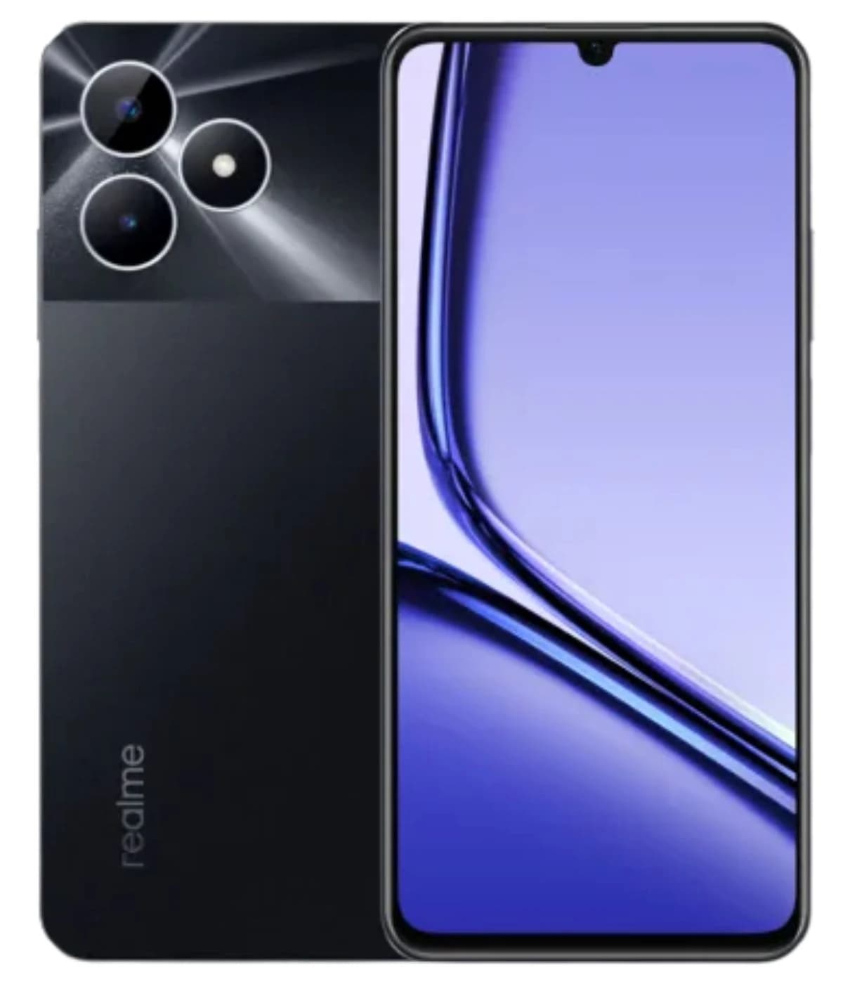 Realme Note 50 smartphone in sleek black design featuring a vibrant purple display and triple camera setup on the back. The device showcases a modern aesthetic with a glossy finish and minimalist branding.