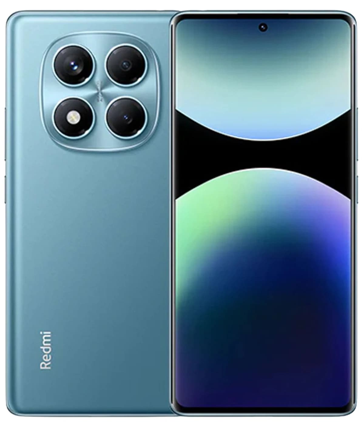 Redmi Note 14 Pro smartphone in a sleek blue finish, featuring a vibrant display with a gradient background. The back showcases a quad-camera setup with a stylish design, perfect for tech enthusiasts.