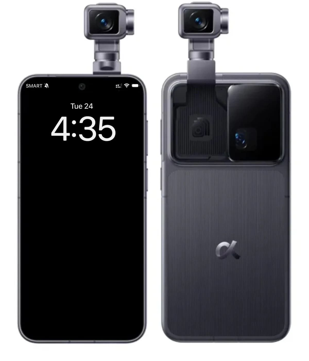 Honor Robot Phone featuring a unique design with a retractable camera module. The sleek black body showcases a modern aesthetic, with a front display showing the time and a rear camera setup. Ideal for tech enthusiasts.