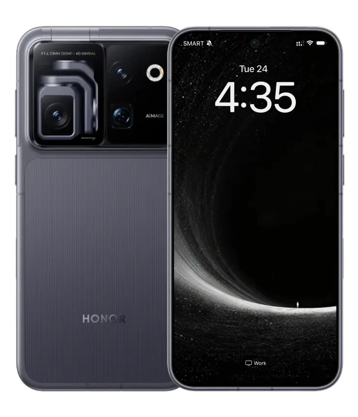 Honor smartphone featuring a sleek design in dark gray with dual rear cameras, including a 200MP lens and 4D gimbal stabilization. The front displays a vibrant screen with time and network indicators.