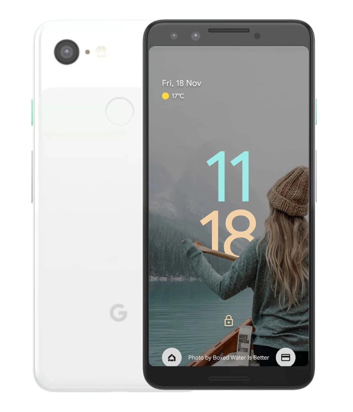 Google Pixel 3 smartphone in Just Black and Clearly White colors, showcasing a vibrant display with a scenic background. Features a dual rear camera setup and a fingerprint sensor on the back.