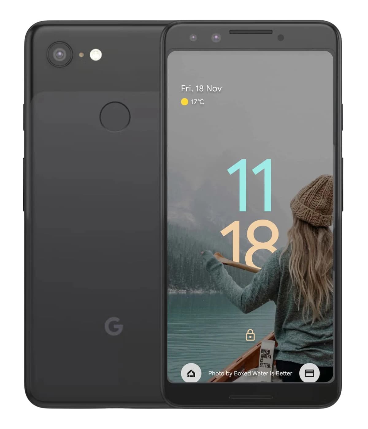 Google Pixel 3 smartphone in Just Black color, showcasing a sleek design with a dual-camera setup and a vibrant display featuring a scenic wallpaper. The back displays the iconic Google logo and a fingerprint sensor.