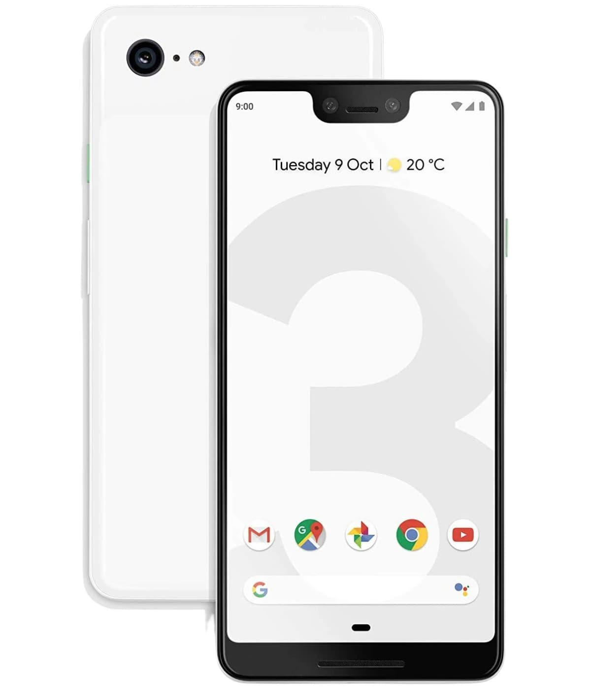 Google Pixel 3 XL smartphone in Clearly White color, featuring a 6.3-inch display with a notch, dual front-facing cameras, and a sleek glass back. The screen showcases the home interface with app icons and date display.