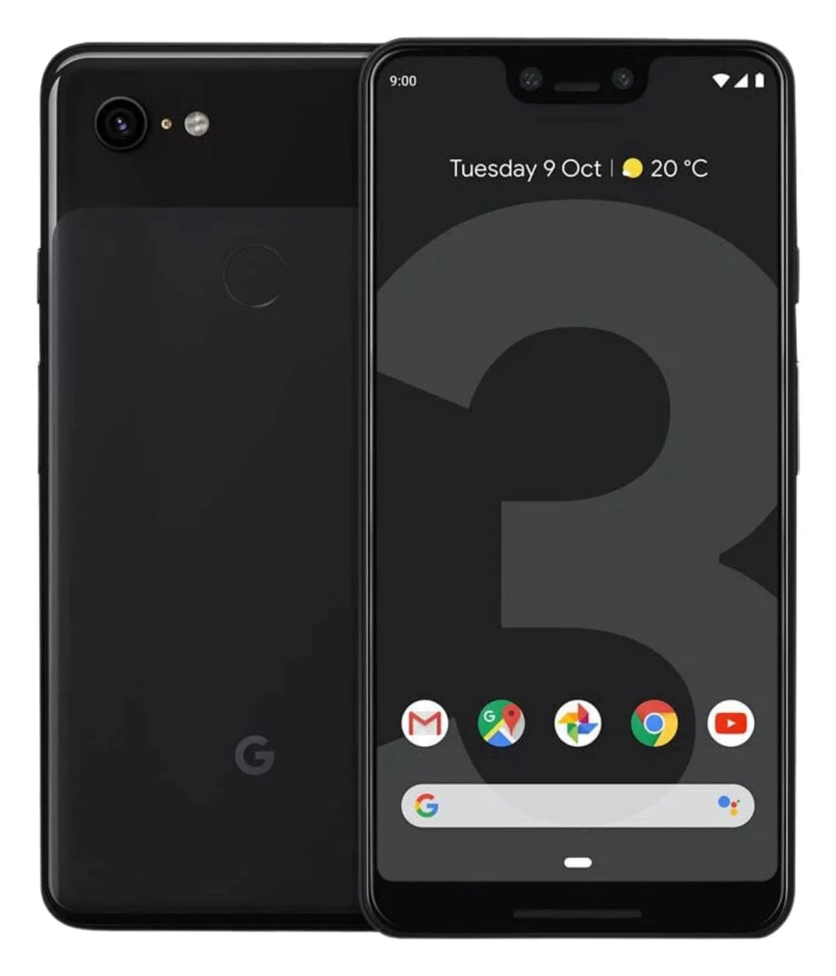Google Pixel 3 XL smartphone in Just Black color, featuring a sleek design with a dual-camera setup on the back and a vibrant display showcasing app icons. The device is shown from the front and back, highlighting its modern aesthetics and…