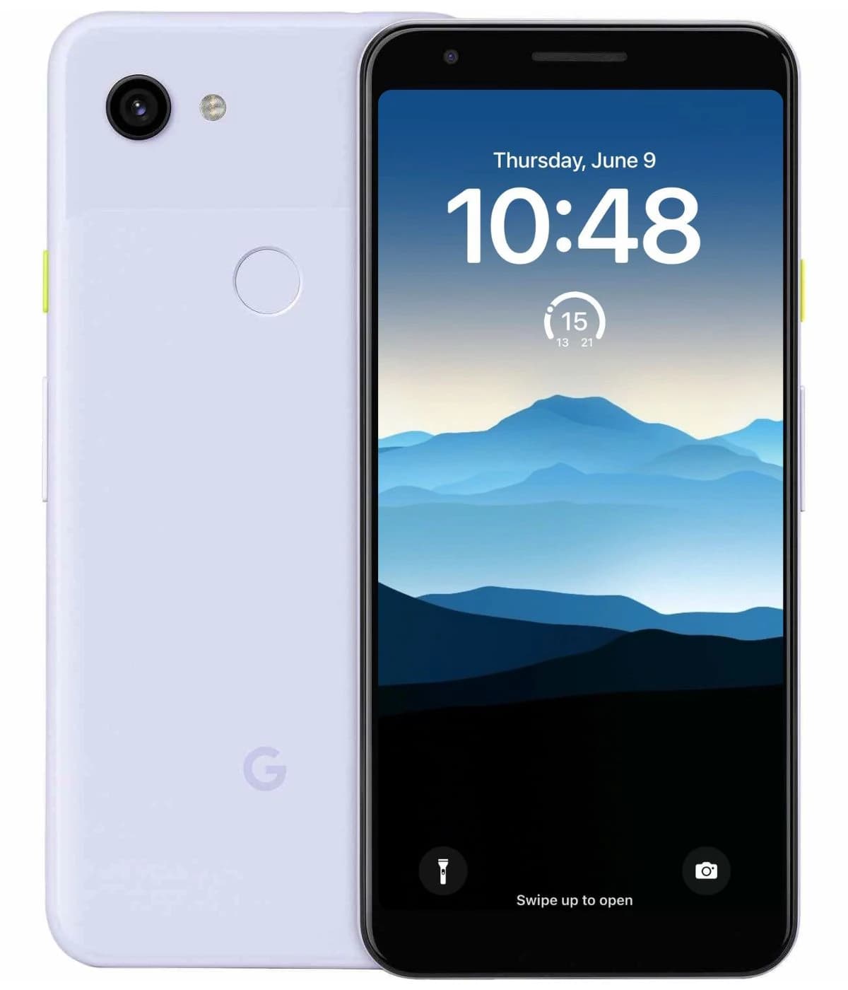 Google Pixel 3a smartphone in purple color with a sleek design, featuring a 5.6-inch display showcasing a mountain landscape wallpaper, rear fingerprint sensor, and dual-camera setup.