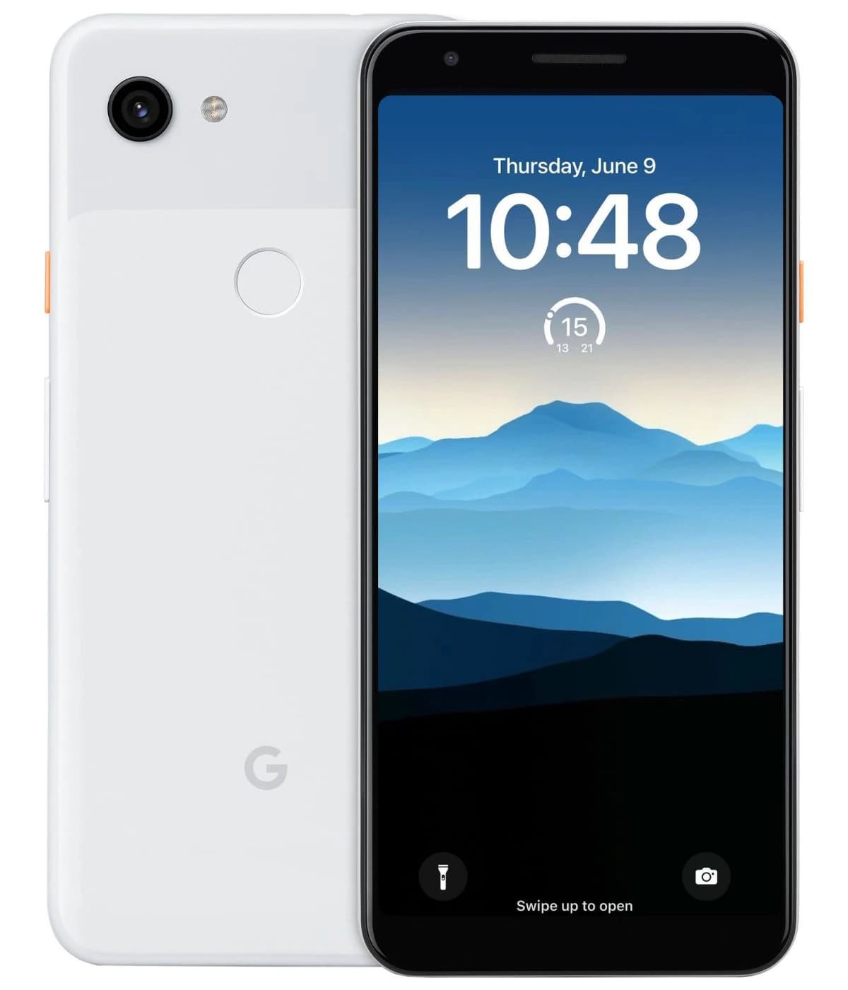 Google Pixel 3a smartphone in Clearly White color, featuring a 5.6-inch display with a scenic mountain wallpaper, rear fingerprint sensor, and a single rear camera. The design showcases a sleek, modern aesthetic with a vibrant interface.