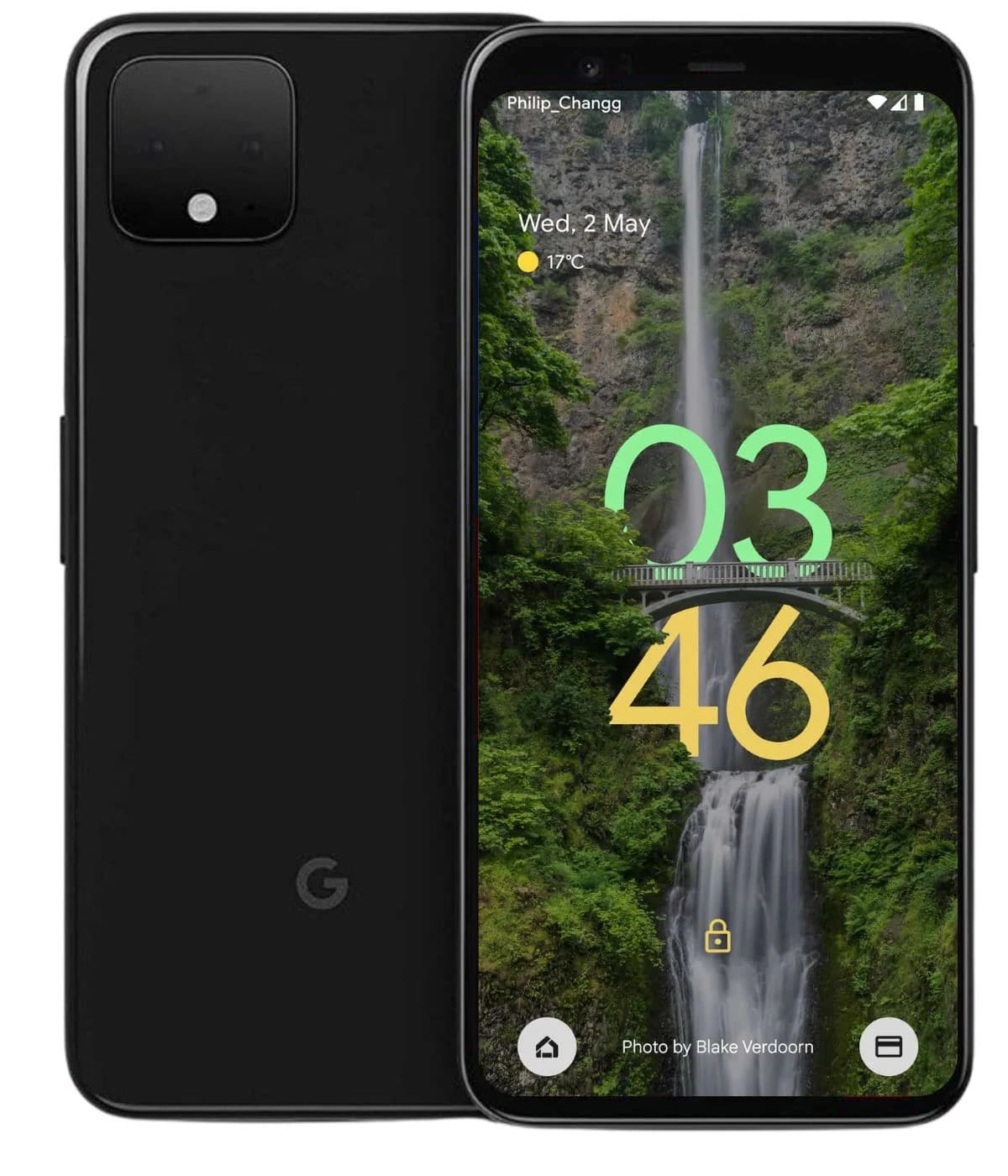 Google Pixel 4 smartphone in black color, showcasing a vibrant display with a waterfall wallpaper. The back features a sleek design with a dual-camera setup and the Google logo. Front view highlights the screen with time and weather information.
