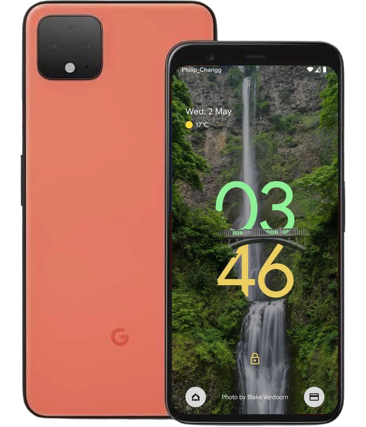 Google Pixel 4 smartphone in a soft coral color with a sleek design. The back features a dual-camera setup in a square module. The front displays a vibrant lock screen with a waterfall background and colorful clock. Ideal for tech enthusiasts.