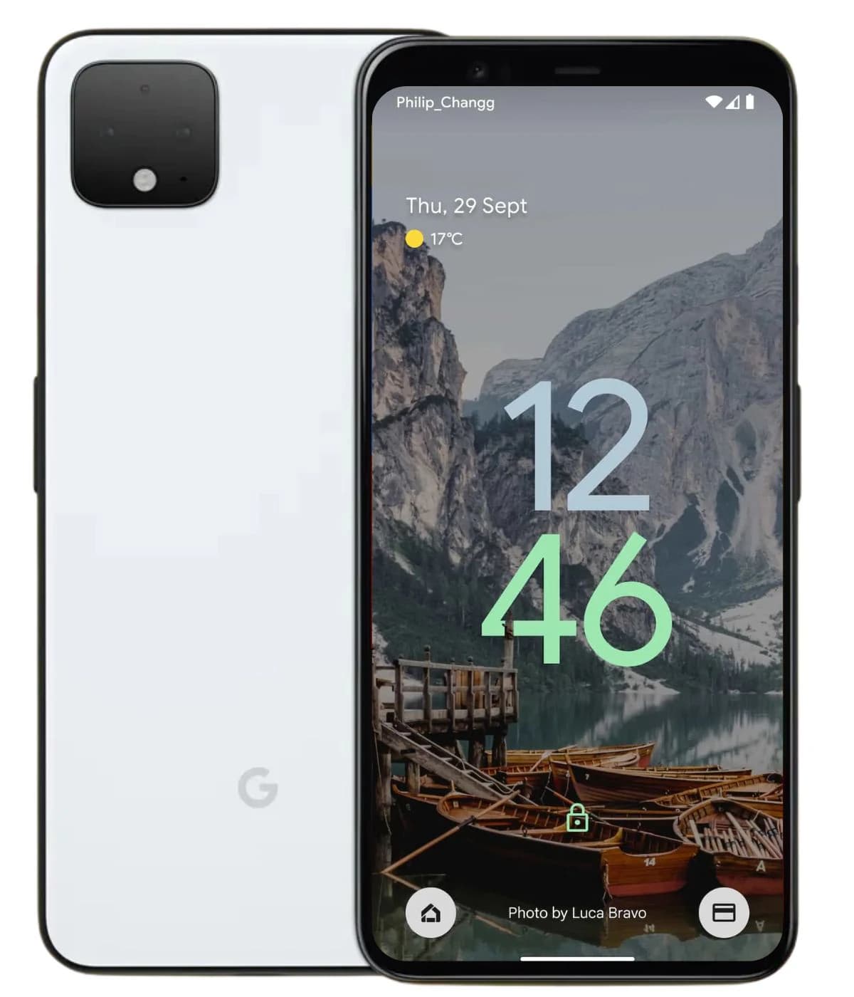 Google Pixel 4 XL smartphone in Clearly White color with a sleek design. Display shows a scenic mountain background with time and weather information. Features a dual rear camera setup and a minimalist aesthetic.