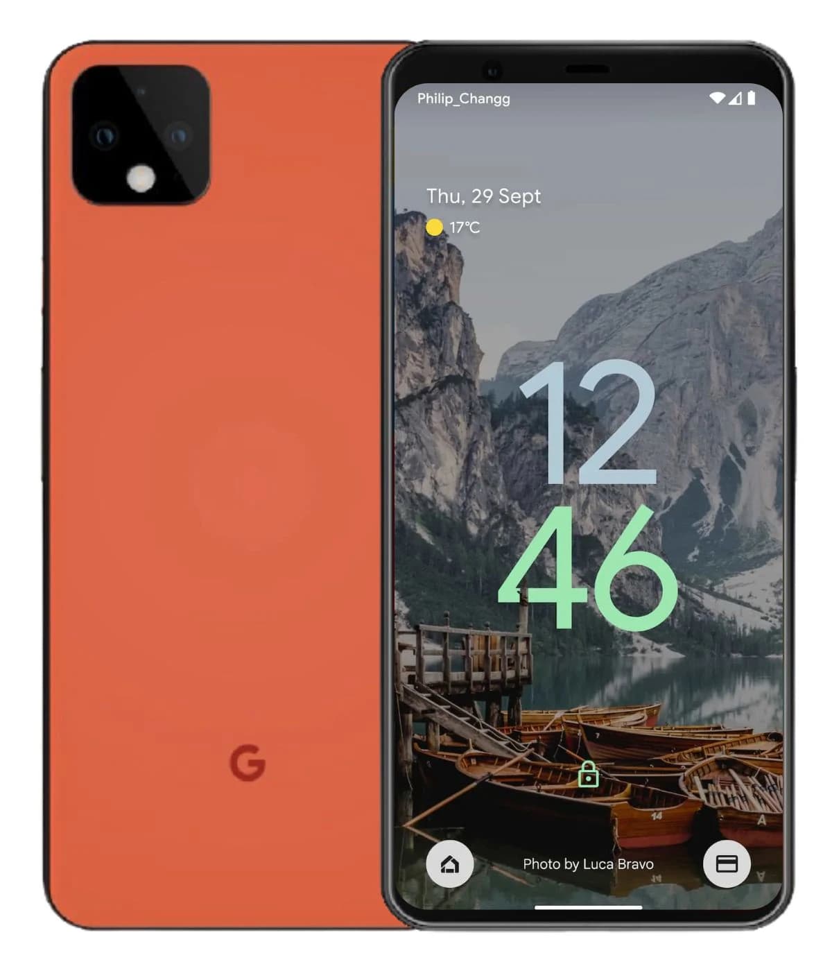 Google Pixel 4 XL smartphone in vibrant orange color with a sleek design. Display shows a scenic mountain view with time and weather information. Features a dual-camera setup on the back and a modern interface.