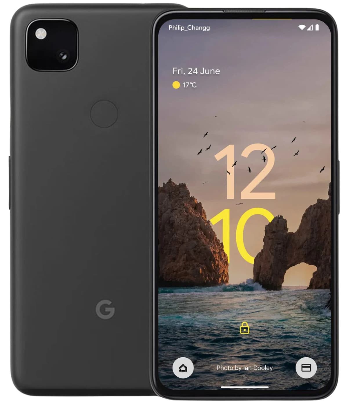 Google Pixel 4a smartphone in Just Black color, showcasing a sleek design with a 5.81-inch display and a rear camera. The screen features a scenic wallpaper with a beach and rock formations, displaying the date and weather.