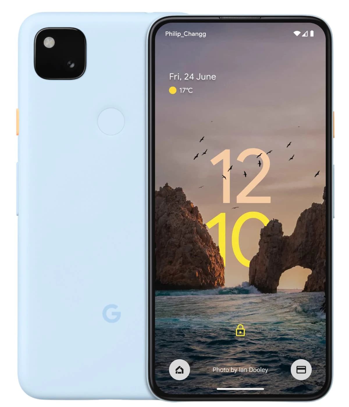 Google Pixel 4a smartphone in soft blue color with a sleek design, featuring a vibrant display showcasing a scenic wallpaper. The back has a circular fingerprint sensor and the Google logo, highlighting its modern aesthetics.