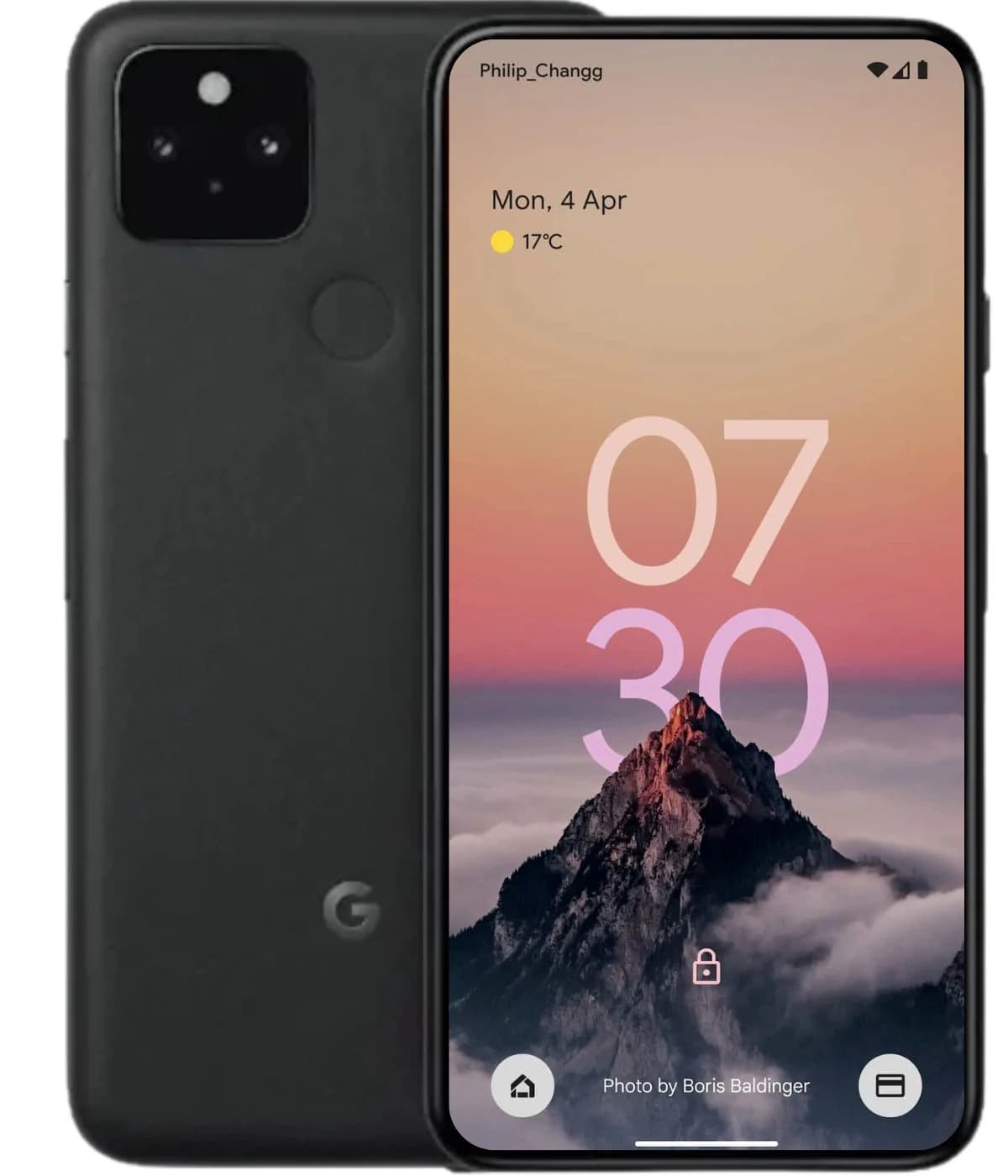Google Pixel 5 smartphone in black color with a sleek design, showcasing a vibrant mountain-themed lock screen. Features a dual-camera setup on the back and a fingerprint sensor for security.
