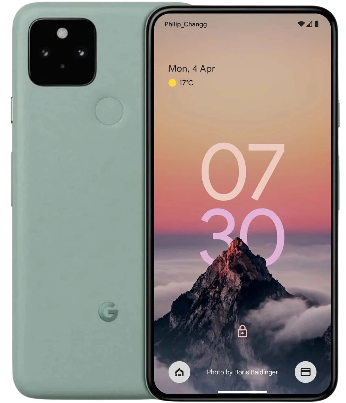 Google Pixel 5 smartphone in a soft green color with a matte finish, featuring a dual-camera setup on the back and a vibrant display showing a mountain landscape. The device is positioned to showcase both front and back views, highlighting its…