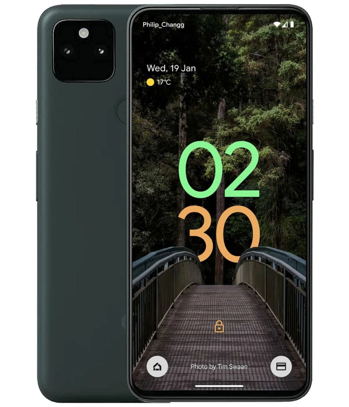 Google Pixel 5a 5G smartphone in dark green color, showcasing a vibrant lock screen with a bridge image and colorful time display. The device features a dual-camera setup on the back and a sleek design.