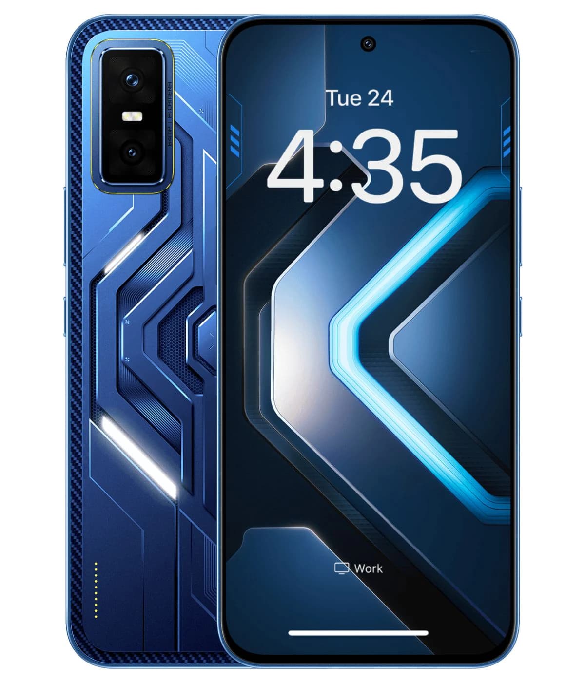 Infinix GT 30 smartphone in striking blue color with a sleek design featuring geometric patterns and a vibrant display showing the time. The device showcases a dual-camera setup on the back and a modern front view.