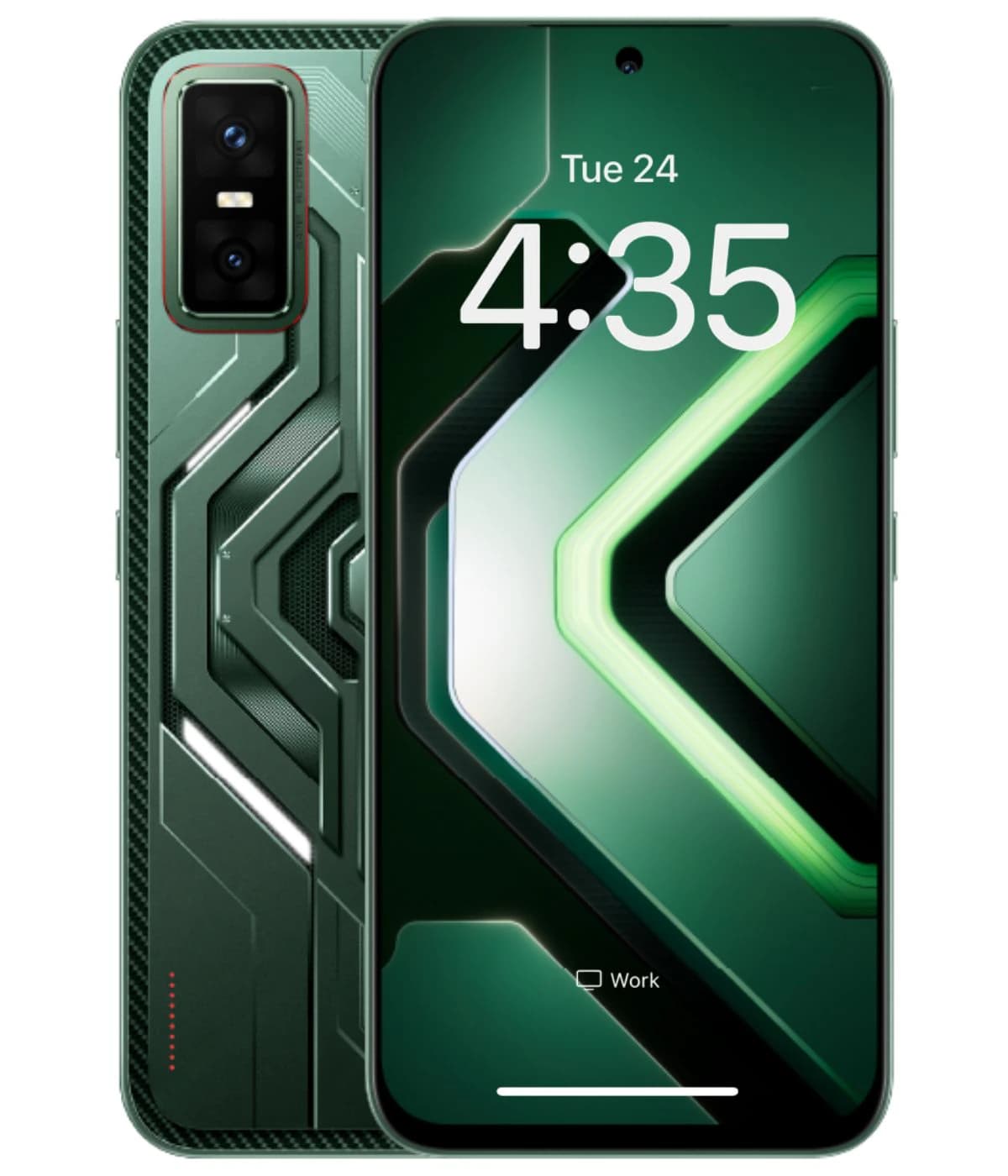 Infinix GT 30 smartphone in sleek green design featuring a futuristic back with geometric patterns and a vibrant display showing the time. The device showcases dual rear cameras and a modern aesthetic.
