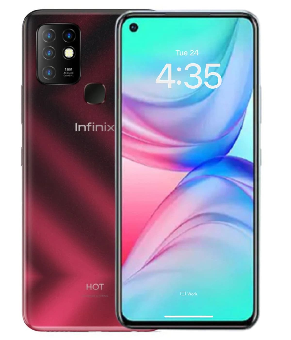 Infinix Hot 10 smartphone featuring a vibrant red gradient back, 16MP quad-camera setup, and a sleek front display with a punch-hole camera. The screen showcases a colorful wallpaper with a time display.