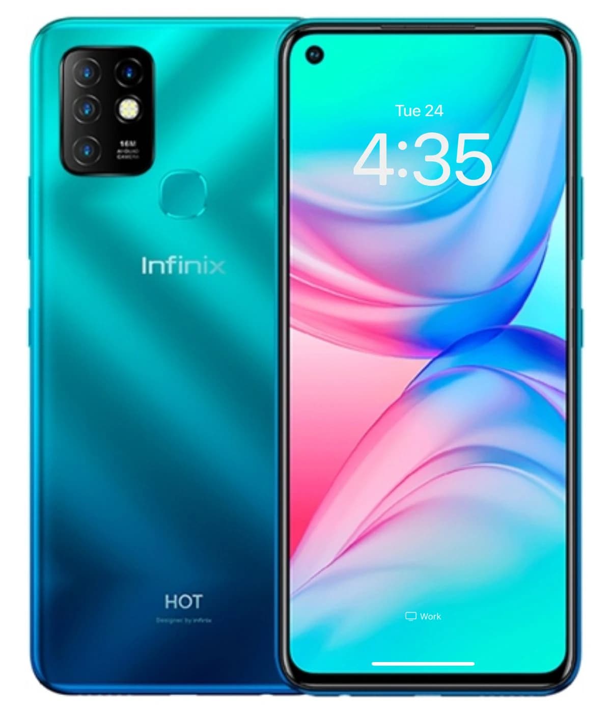 Infinix Hot 10 smartphone in a vibrant turquoise color featuring a 6.78-inch display, 16MP quad-camera setup, and sleek design. The device showcases a modern aesthetic with a smooth finish and a punch-hole front camera.