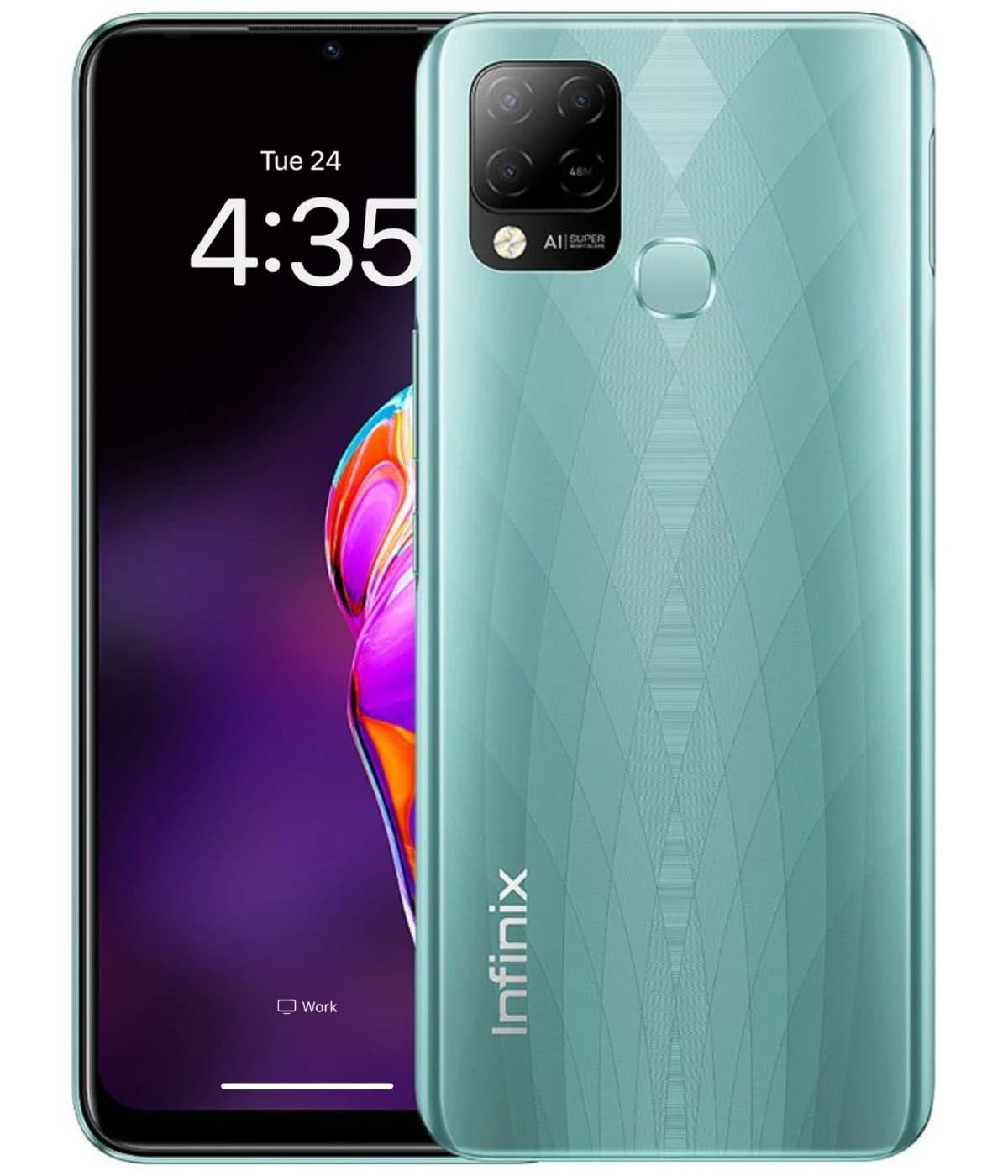 Infinix Hot 10s smartphone in mint green color, showcasing a sleek design with a textured back and dual camera setup. The front displays a vibrant screen with the time and date visible, emphasizing its modern features.