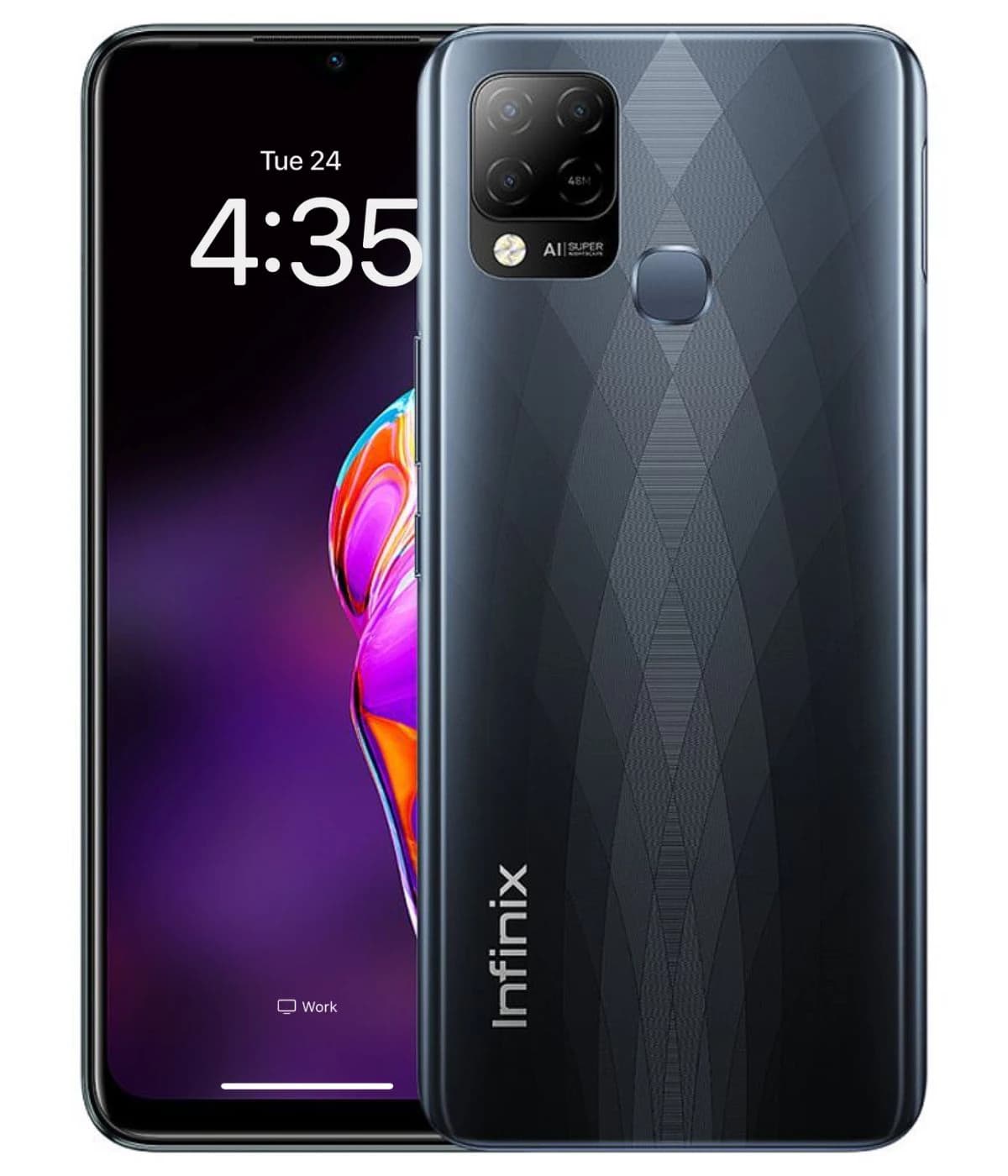Infinix Hot 10s smartphone featuring a sleek black design with a textured back, dual rear cameras, and a vibrant display showing the time. The device is positioned front and back to highlight its modern aesthetics.