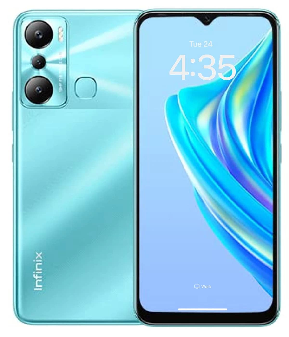Infinix Hot 20i smartphone in a vibrant aqua blue color with a sleek design. Features a triple camera setup on the back, a fingerprint sensor, and a large display showcasing a colorful interface. Ideal for tech enthusiasts.
