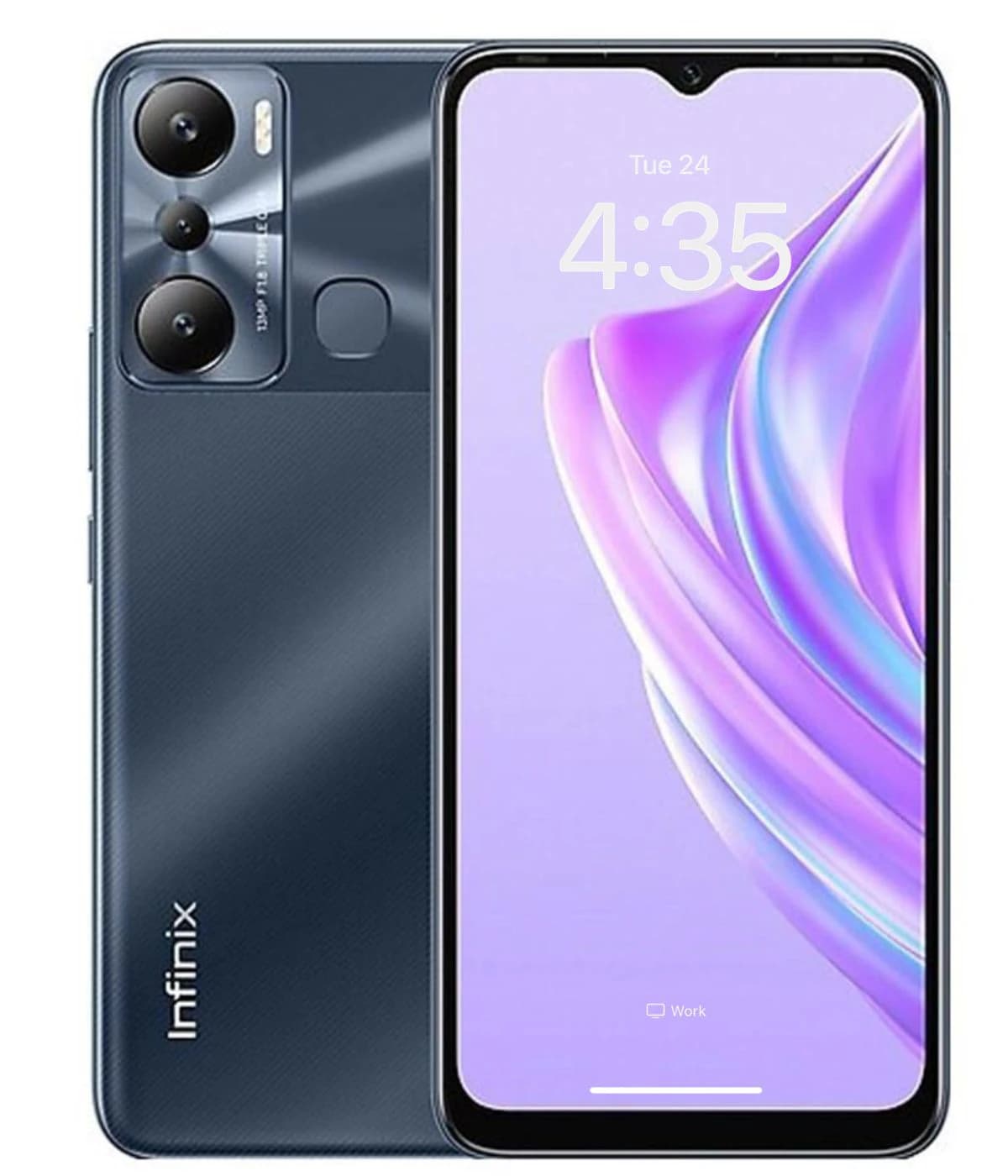 Infinix Hot 20i smartphone in a sleek dark blue finish, showcasing a vibrant display with a purple background. Features a triple camera setup and a fingerprint sensor on the back, designed for modern users.