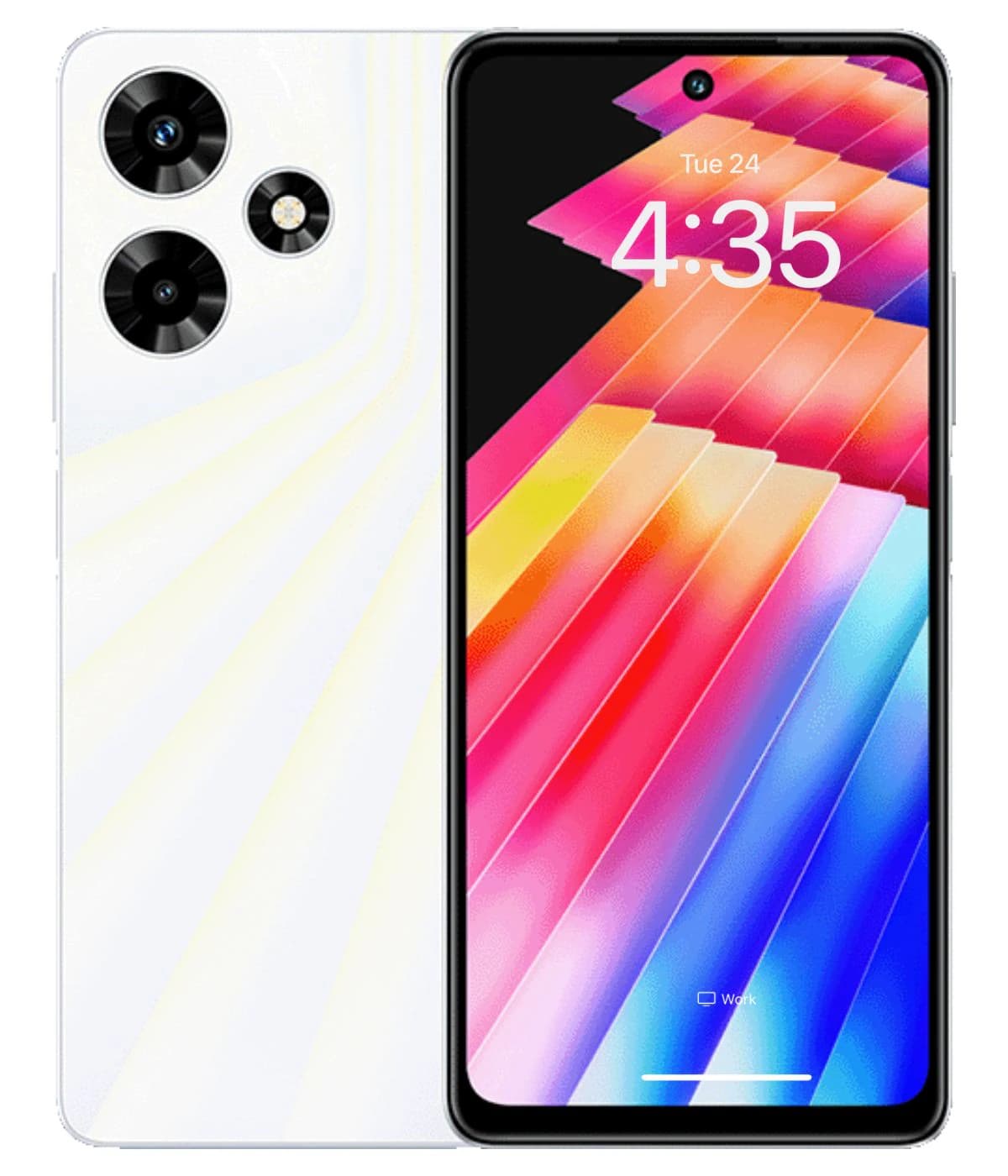 Infinix Hot 30 smartphone featuring a sleek white design with a vibrant display showcasing colorful graphics. The device has a triple-camera setup on the back and a front-facing display with a centered camera hole.